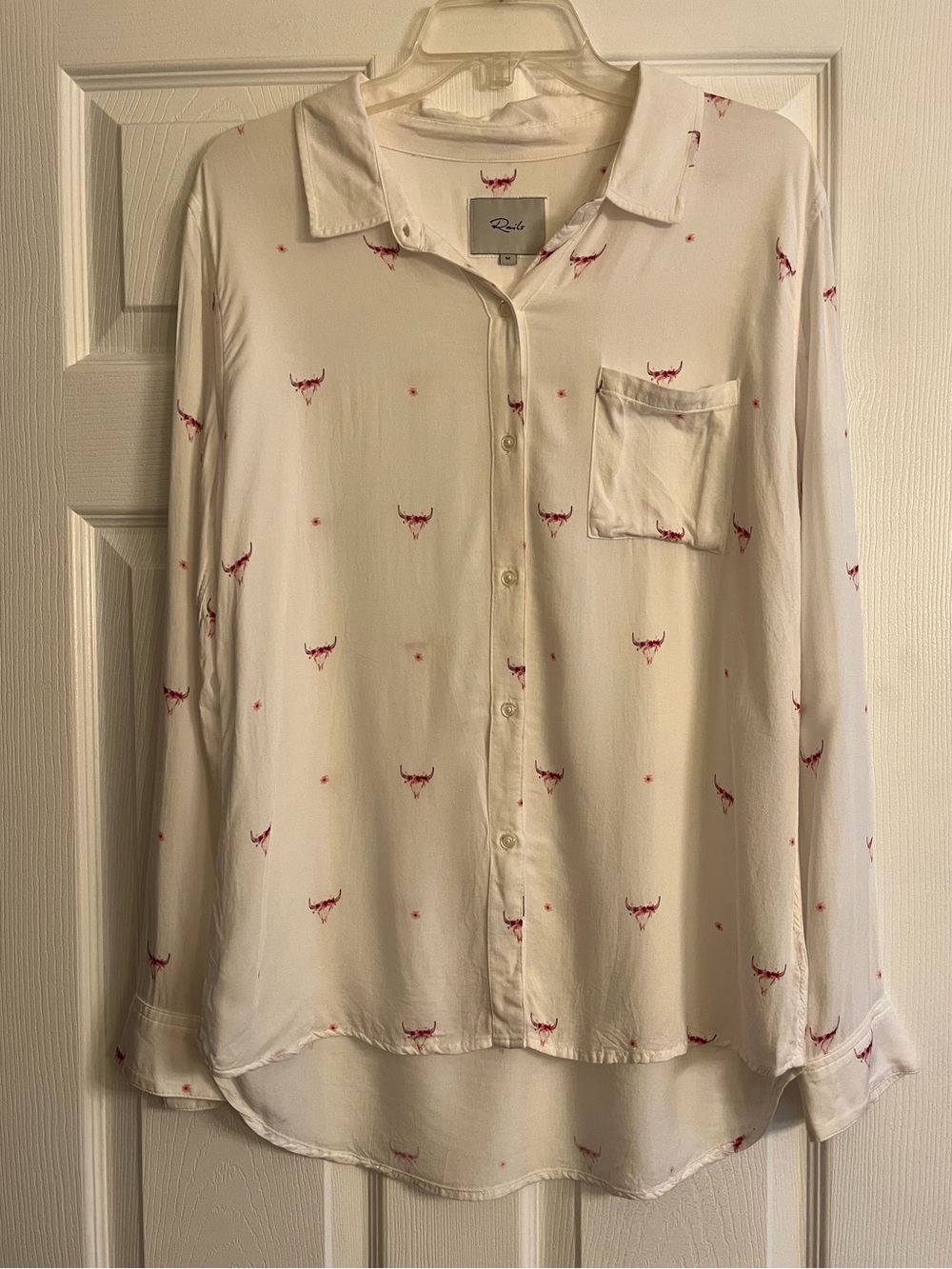 Rails White Button-Down Shirt with Small Longhorn and Roses Motif